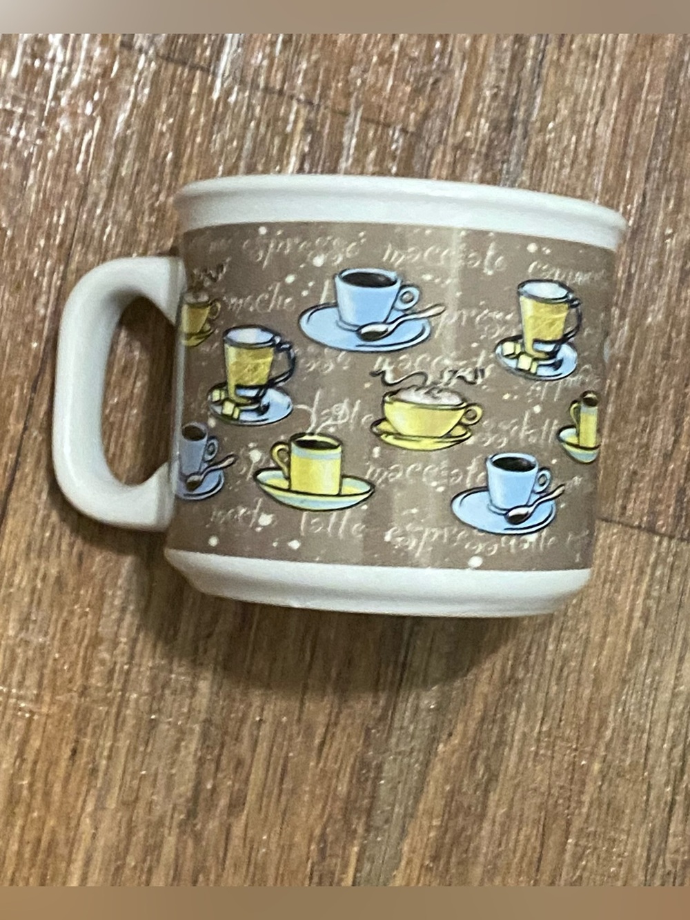 Vintage Coffee Bar Mug Cup Cups Print Brown Blue Yellow Pastel Ceramic 3.25”H